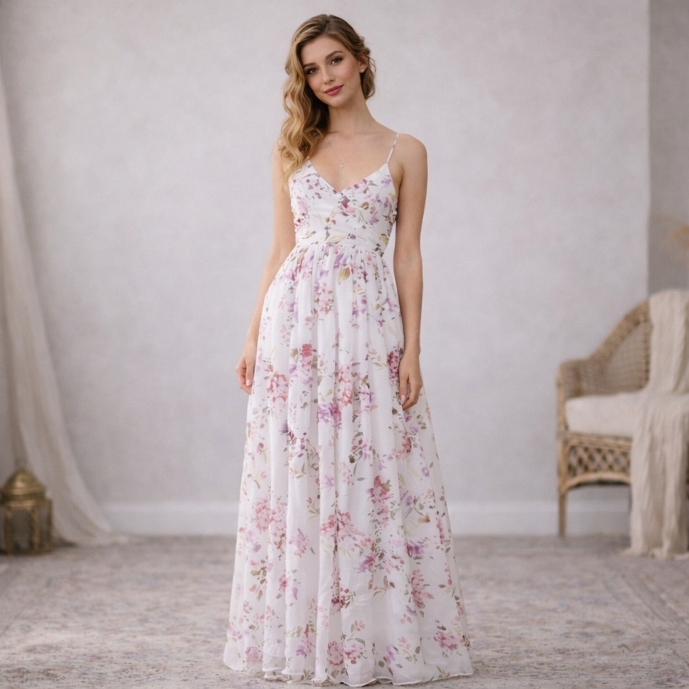 Ever After Backless Floral Chiffon Maxi Dress in White and Pink